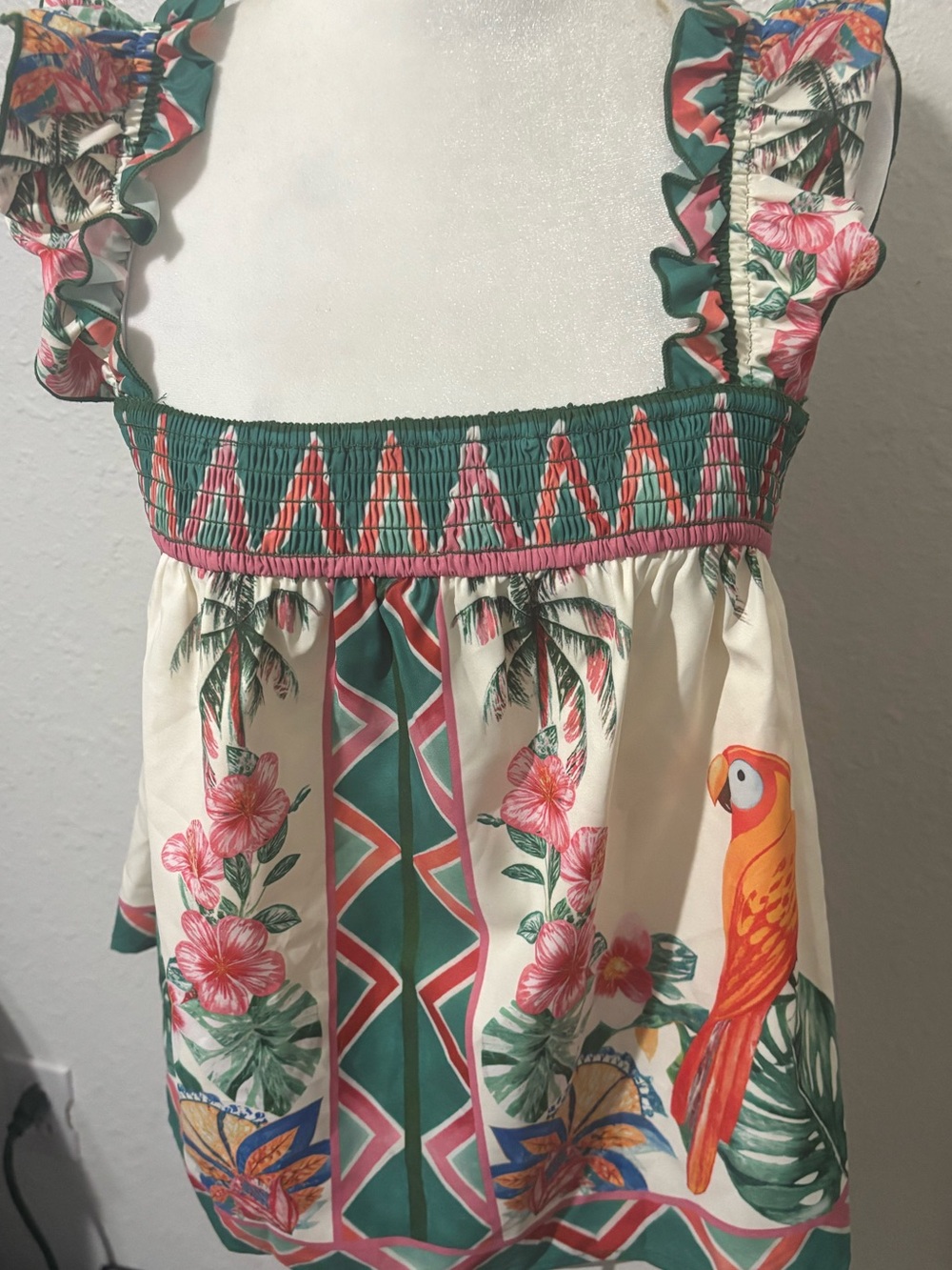 Cupshe Tropical Parrot Smocked Tank Top in Cream, Green and Pink